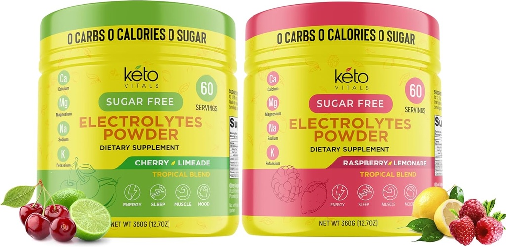 Keto Vitals Cherry Limeade Bundle vadelma sitruuna - 2 pakkaus Bundle Keto Electrolytes Powder - Elektrolyyttejä kaliumin, magnesiumin, natriumin, kalsiumin - Cherry Limeade & Vadelma sitruuna
