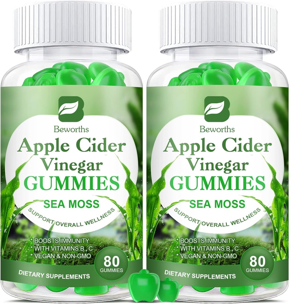 Apple Cider Vinegar & Sea Moss Gummies, Organic ACV Gummies med Mother Supplement stöder immun, Digestive Health för vuxna och barn, Seamoss Gummy med vitamin B6 B9, B12