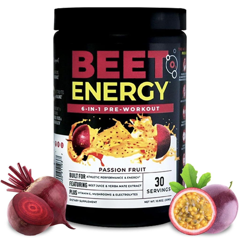 Nutrologia Beet Energy O2, Pre workout Powder, Energy, Endurance & Typpioksidi Booster Beet Powder, Yerba Mate, Adaptogens & Electrolytes, Vegan Pre workout, Passion Fruit Flavor, 30 tarjoilua
