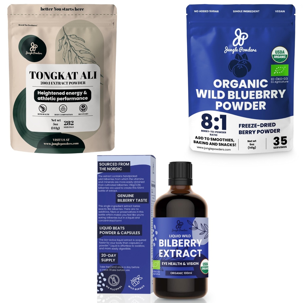 Jungle Powders Ultimate Men's Health & Wellness Bundle: 5oz Tongkat Ali Powder, 5oz Wild Blueberry Powder & 3.4oz Organic Bilberry Liquid Extract - Premium täydentää ajaa, intohimo, silmät näkö