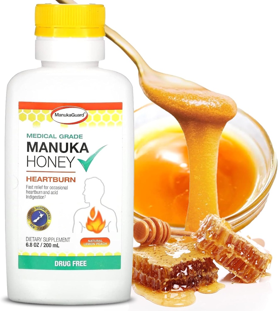 ManukaGuard Heartburn Nutralizer, Medical Grade Manuka Honey 6.8oz - Välitön sydän Burn ja happo ruoansulatushäiriöt helpotus. Lääkevapaa antasidi Vaihtoehtoinen