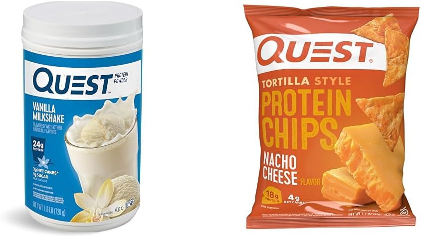 Quest Vanilla Milkshake Protein Powder, 24g Protein, 1.6lb + Quest Nacho Cheese Tortilla Style Protein Chips, 18g Protein, 12 kpl pakkaus