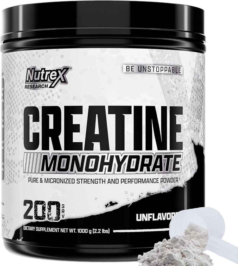 Nutrex Research Micronized Kreatin Monohydratpulver - 200 portioner (1KG) Rena, Osmakade Kreatinmonohydrattillskott för muskelvinst, styrka och prestanda, 5G Per Serv (2,2 lbs)