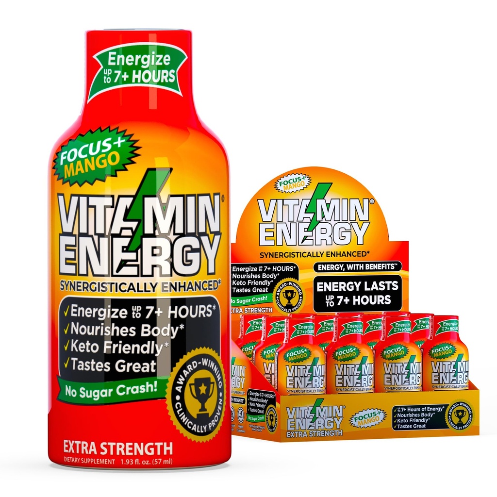 Vitamiini Energy Focus+ Extra Strength Energy Shot Mango 12 pakkaus, 260 mg luonnollinen kofeiini, B-vitamiinit, CoQ10, Aminohapot,fokus, tuottavuus ja selkeys, nollasokeri, gluteeniton, 1,93 fl oz