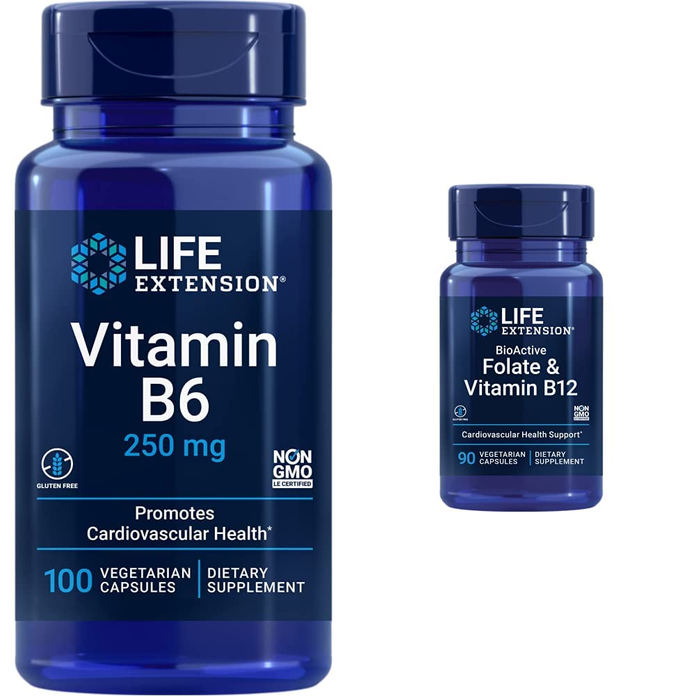 Life Extension B6-vitamiini 250 mg, 100 Kasvissyöjän kapselit & Folaatti & B12, kasvissyöjän kapselit, valkoinen, 90