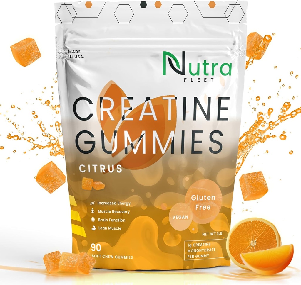 Kreatinmonohydrat Gummies - 5g tuggbar monohydrat gummy för män och kvinnor - Öka styrka, muskelbyggare - Boosts Energy & Focus - Låg kalori, Vegan & Gluten fri | 90 räkna Citrus
