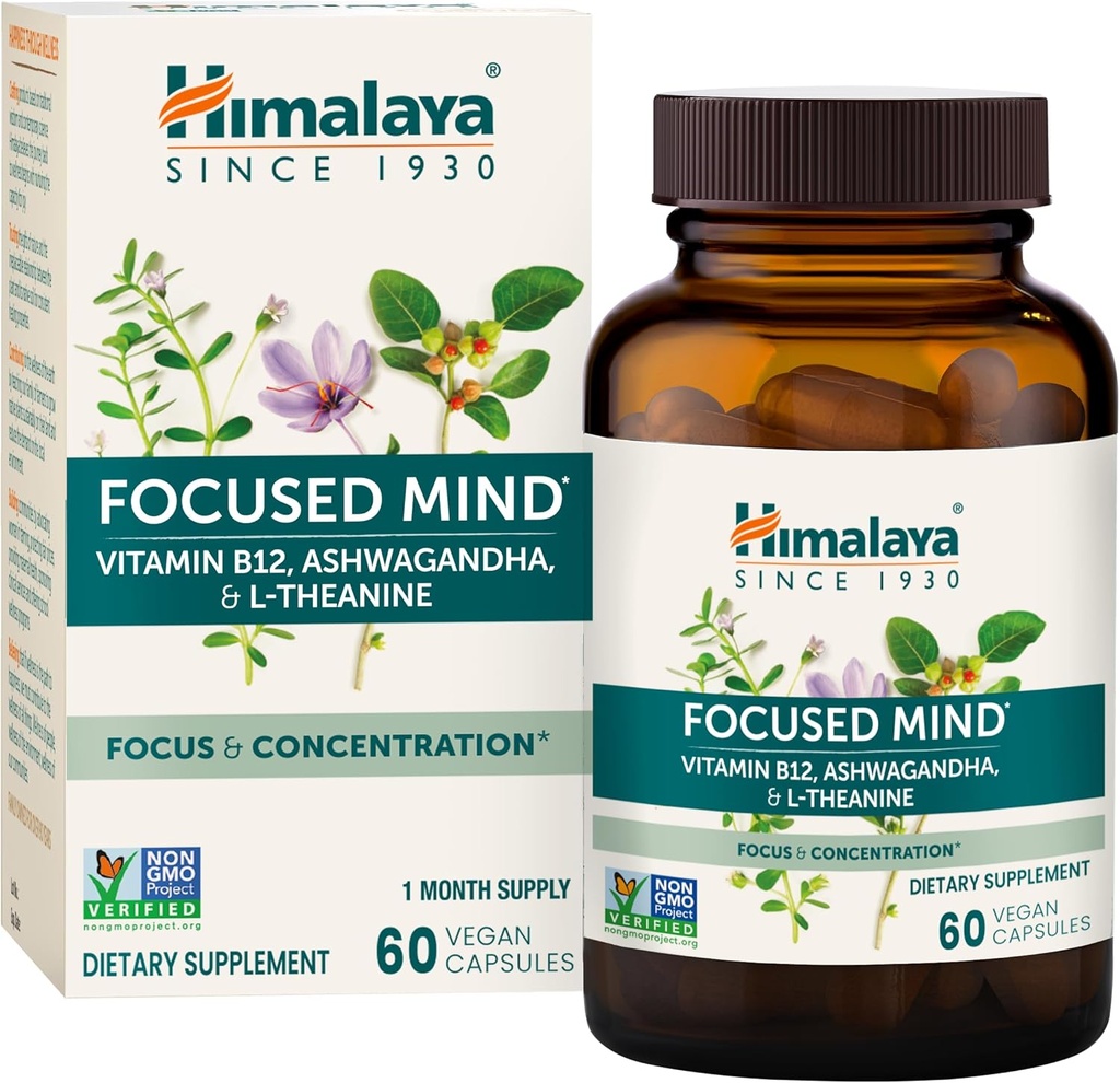 Himalaya Keskitetty mieli Ashwagandha, Bacopa & L-Theanine for Focus, Energy ja Huomio, 60 kapselia, 1 kuukausi Supply, Vegan, Gluteeniton