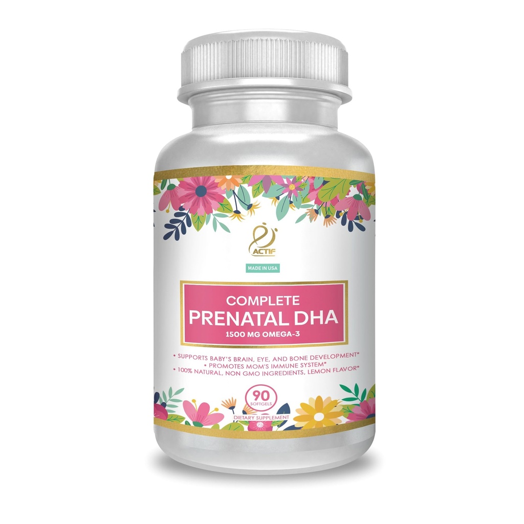 ACTIF Täydellinen prenataalinen DHA 1500 mg Omega-3, 100% luonnollinen, Organic DHA, EPA ei-GMO, 90