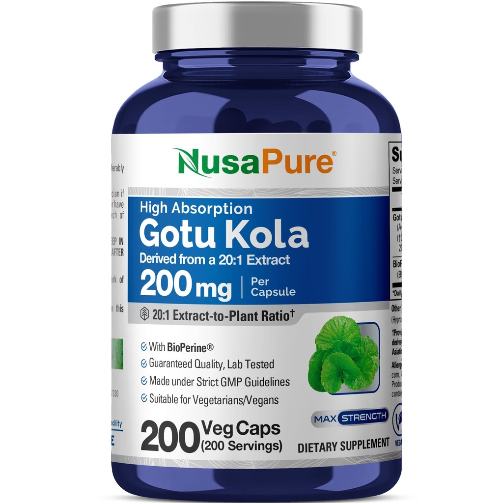 NusaPure Gotu Kola Capsules 20:1 Extract, 200 mg Equivalent till 4000mg Per Veggie Caps, 200 Count, Non-GMO, Vegan, Bioperine - Traditionell Herb Extract