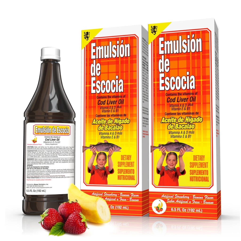 Emulsión de Escocia Cod Liver Oil Liquid Supplement with vitamiins A, D, E & B1 - Natural Fish Oil Omega 3 for Kids & Aikuinen - Herkullinen mansikka banaani Flavor - 6,5 oz (2-Pack)