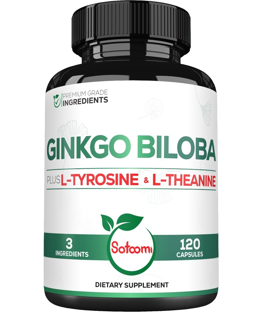 1000mg Ginkgo Biloba Lisäravinteet L-tyrosiini, L-Theanine - 120 kapselia 2-kuukautinen tarjonta - Tuki Focus, Mermory Function, Aivojen terveys & Vision Quality