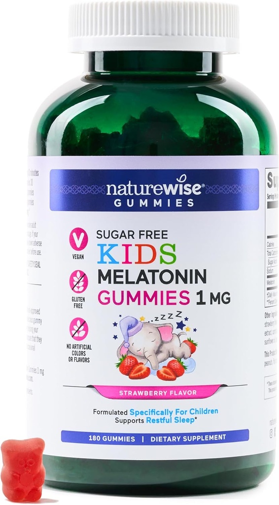 NatureWise Kids Melatoniini 1 mg Sokerittomat Gummies lapsille ikä 4 & Up - ei-luontoa muodostava uniapu - Mansikkamakuinen - Vegaani, Ei gluteenia, ei-GMO - 180 kreivi[6-kuukautinen tarjonta]