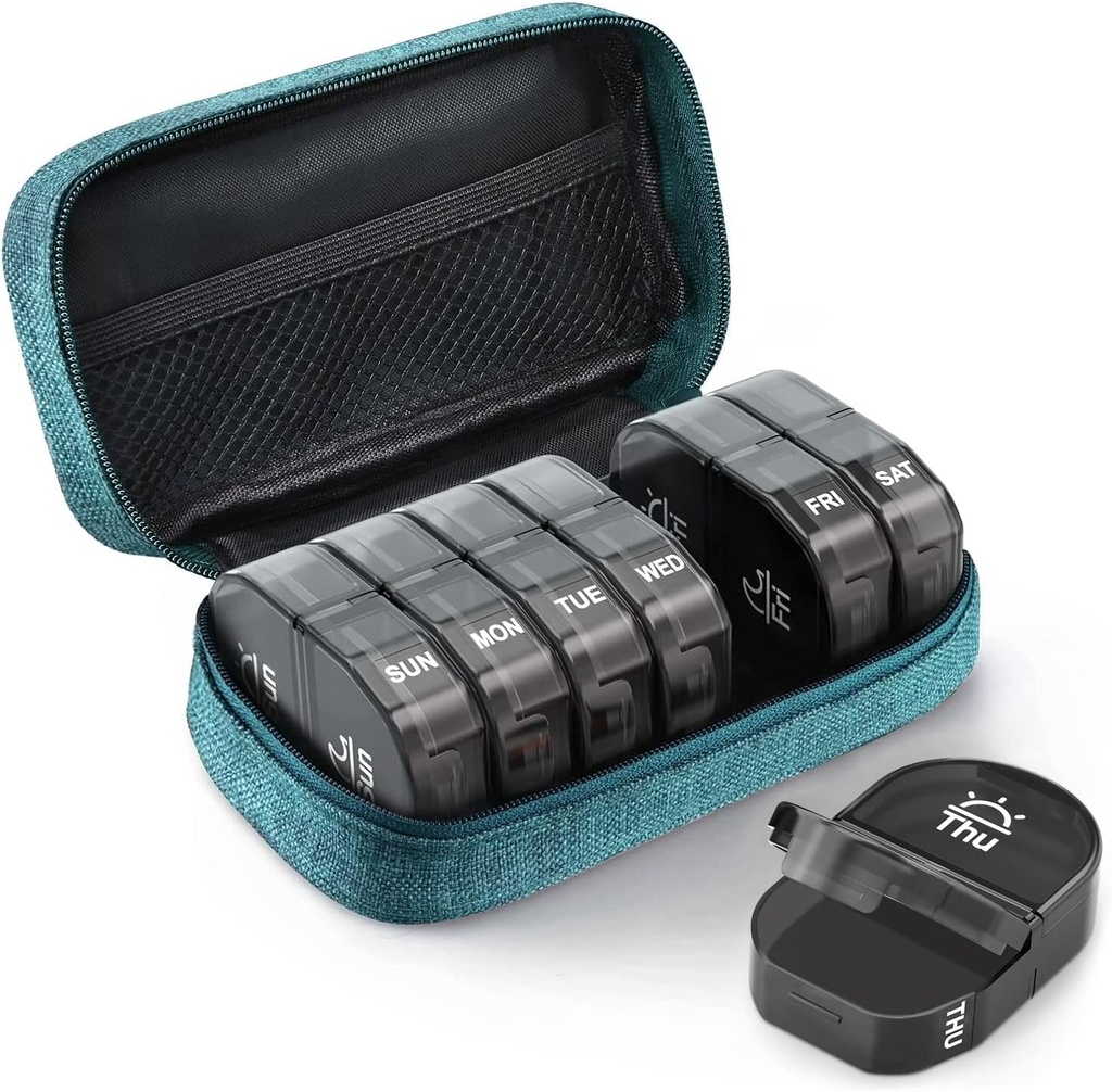 AUVON Canvas Bag Travel Pill Organizer 2 Kertaa päivässä, suuri AM/PM Viikottain pilleri Laatikko 7 päivän pilleri tapauksessa Kannettava Cyan Zipper Klootti laukku Holding täydentää, vitamiinit ja kala öljyt