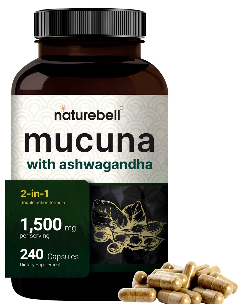 Mucuna Pruriens Capsules, Triple Strength 1500mg Per Serving, 2 i 1 Formel, Made with Mucuna and Ashwagandha, 240 Capsules, Potent Seed Extract, Positive Mood, Relaxation & Restoration Support
