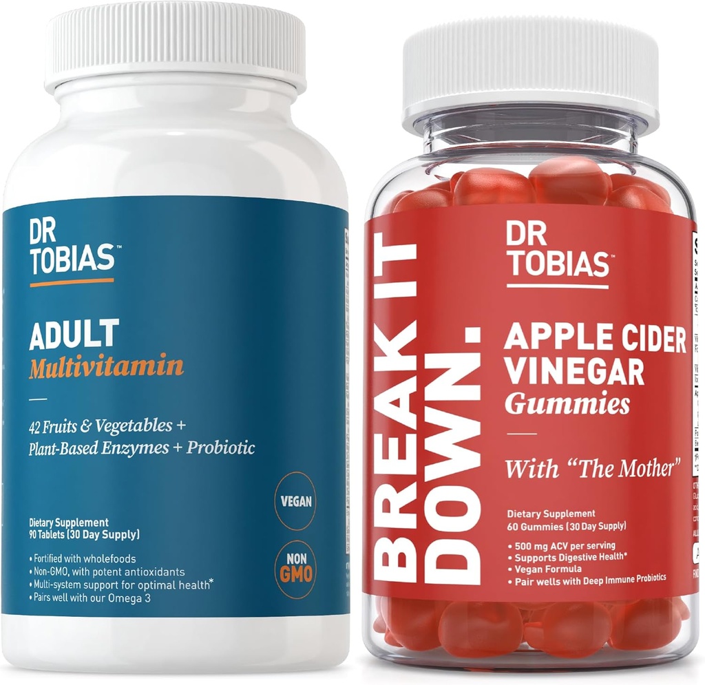 Tobias Adult Multivamin & Apple Siideri Viinietikka Gummies, tukee energiaa, immuniteettia & Gut Health, 42 Hedelmät & Vihannekset Plus Probiootit, Vinkkejä Äiti, Folate, B12