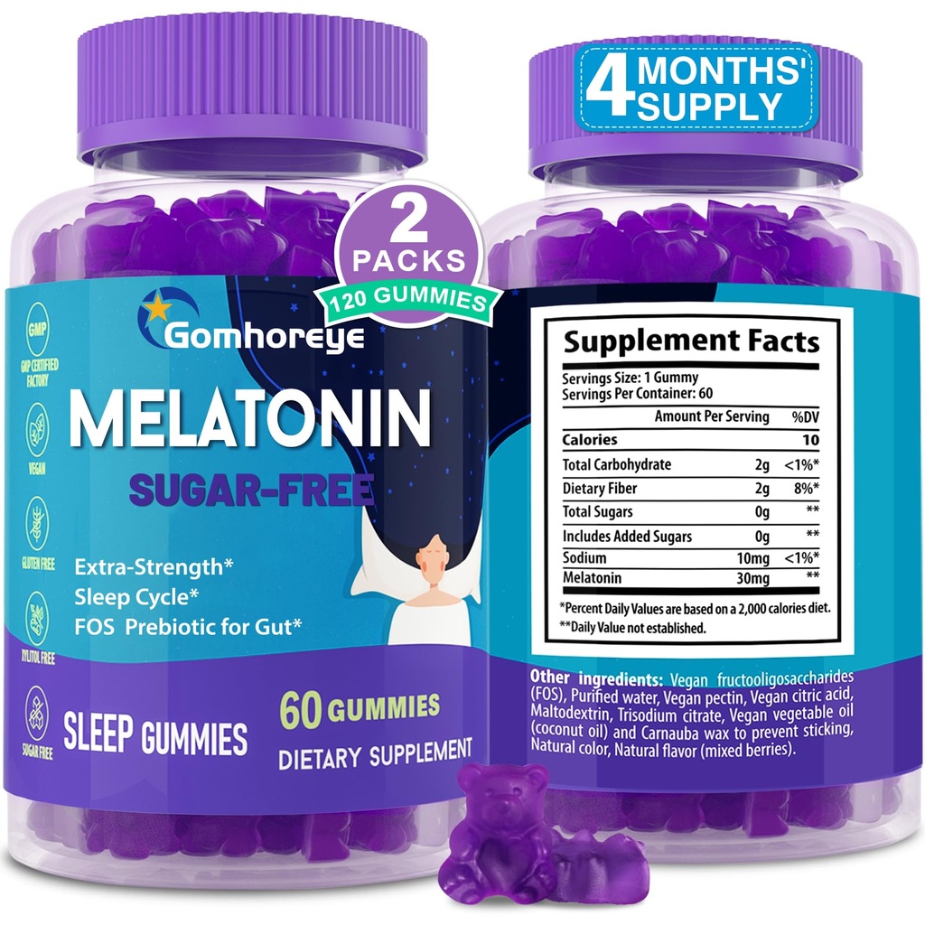 Melatoniini Gummies 30 mg aikuisille - Maximum Strength Melatoniini Gummies for Relaxation & Rauhoittava, Exogenic melatoniinin täydennysosa FOS varten Immuuni, Gut Health ja pH Balance, Sugar Free -120 Counts
