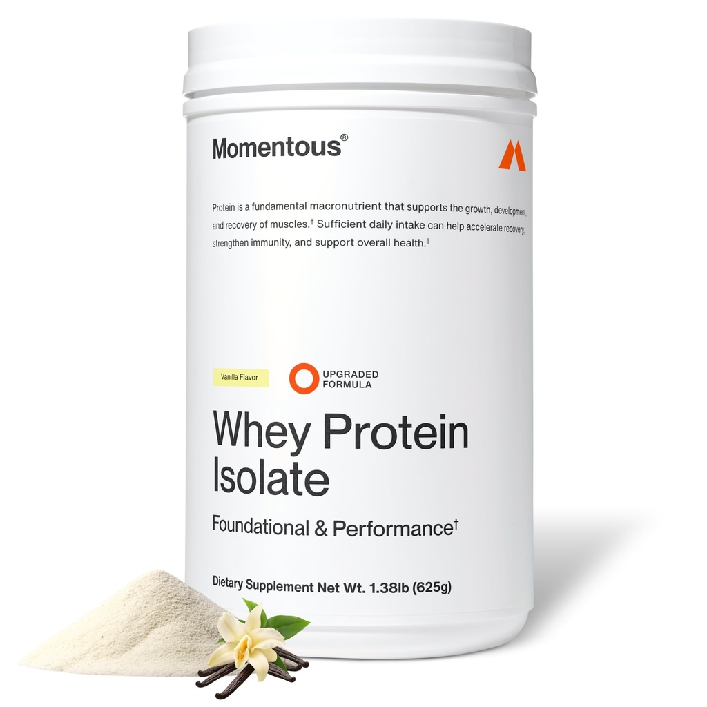 Momentous Essential Grass-Fed Whey Protein Powder - 20 g Whey Isolate Protein - NSF Certified for Sport - Gluteeniton - 24 Servings for Essential Everyday Use - Vanilla - Paketti Toukokuu Vary