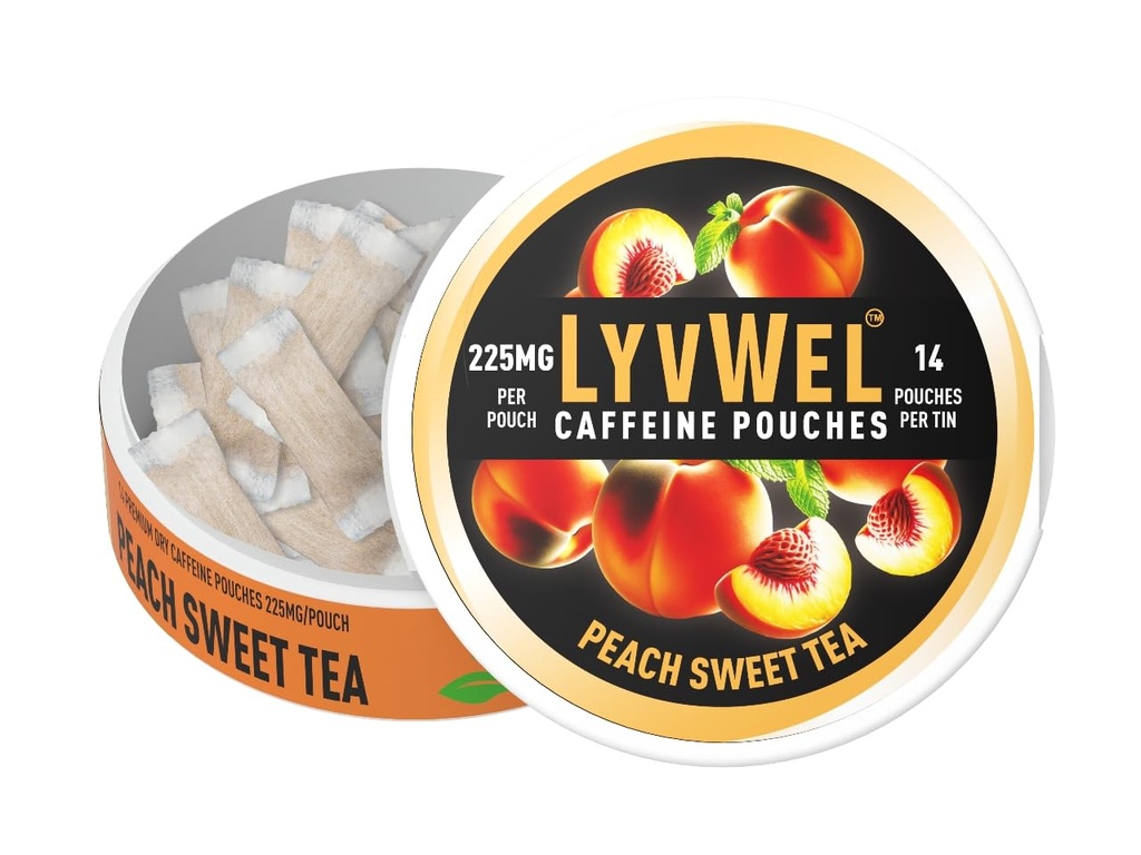 LyvWel Ultra Coffeine Pouch ... persikka makea tee ... 225mg luonnon kofeiini Guarana... Clean Energy for Focus & Mood...