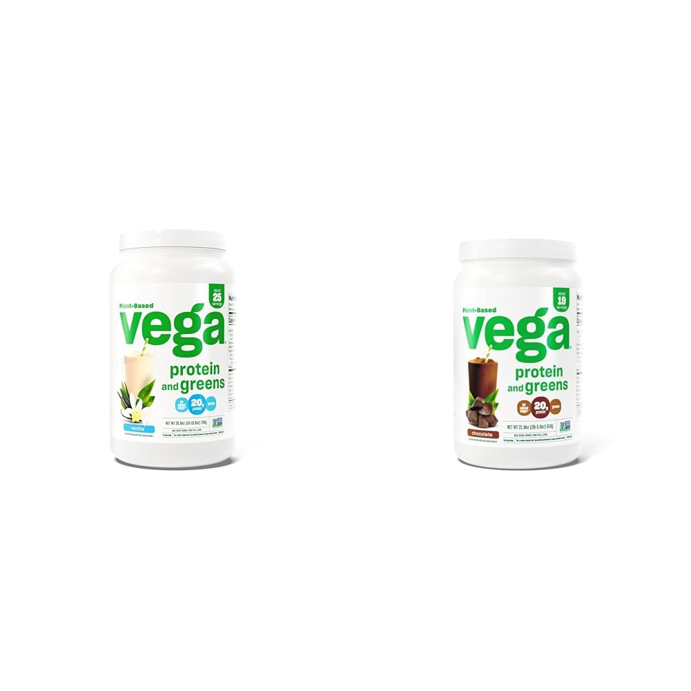 Vega Protein and Greens Protein Powder, Vanilja - 20g Kasviperäistä proteiinia Plus kasviksia, kasviksia ja proteiinia ja vihreitä proteiinijauhe suklaata (19 tarjoilua) - 20g Kasvipohjainen proteiini Plus