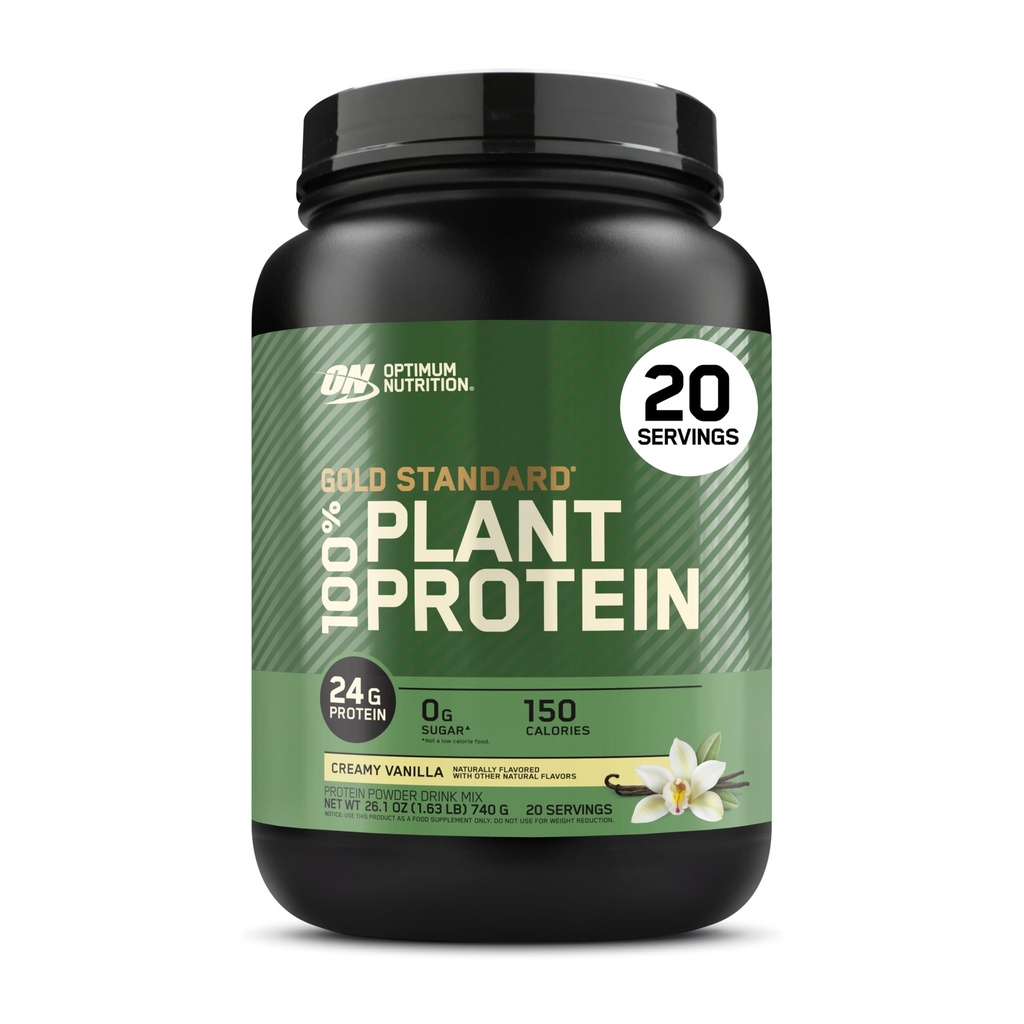 Optimum Nutrition Gold Standard 100% Plant Based Protein Powder, Gluten Free, Vegan Protein för muskelstöd och återhämtning med aminosyror - Creamy Vanilla, 20 portioner (Packaging May Vary)