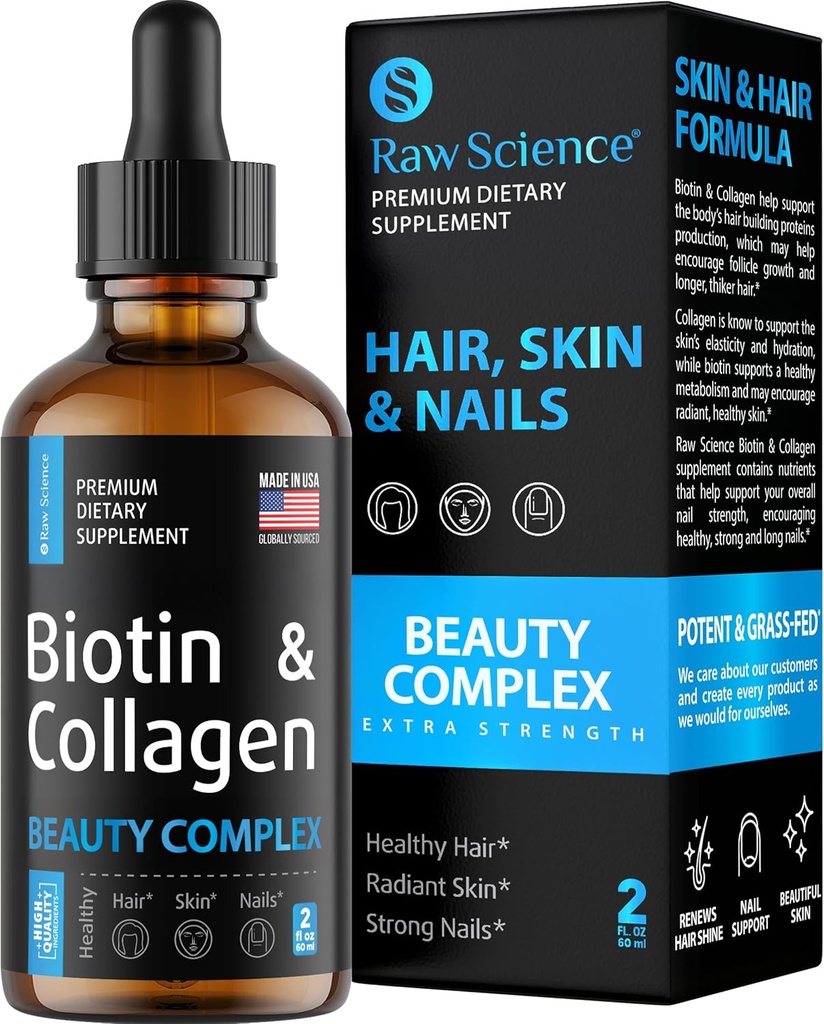 Liquid Collagen & Biotin lisäravinteet hiusten kasvua - Biotiini 10000 mcg Collagen Peptides 20000 mcg Drops - Hiustenlähtöä naisille ja miehille, ihon ja kynsien vahvistaminen - Valmistettu Yhdysvalloissa, 2 floz
