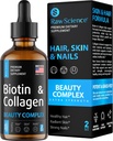 Liquid Collagen & Biotin lisäravinteet hiusten kasvua - Biotiini 10000 mcg Collagen Peptides 20000 mcg Drops - Hiustenlähtöä naisille ja miehille, ihon ja kynsien vahvistaminen - Valmistettu Yhdysvalloissa, 2 floz