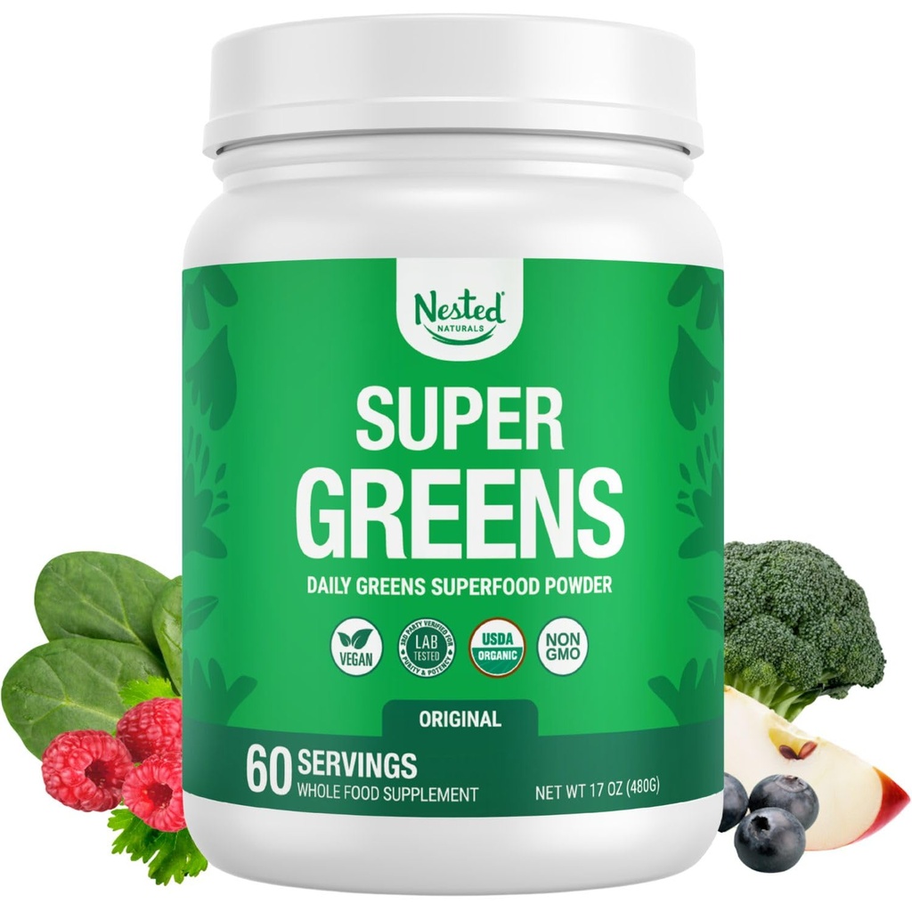Nested Naturals Super Greens Daily Superfood Powder - Certified USDA Organic Green Powder w/20+ Whole Foods, Spirulina Powder, Wheat & Barley Grass - Probiotika, Fiber & Enzymes - Original Flavor, 60