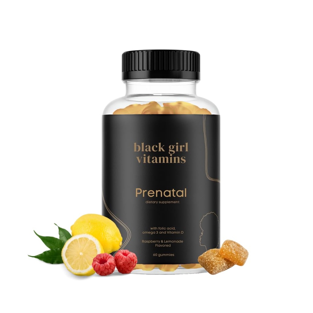 Musta tyttö vitamiineja - Prenatal Gummies naisten vitamiinin kanssa Folaatti Bone Health Support, Gluteeniton, (vadelma-sitruuna), 60ct