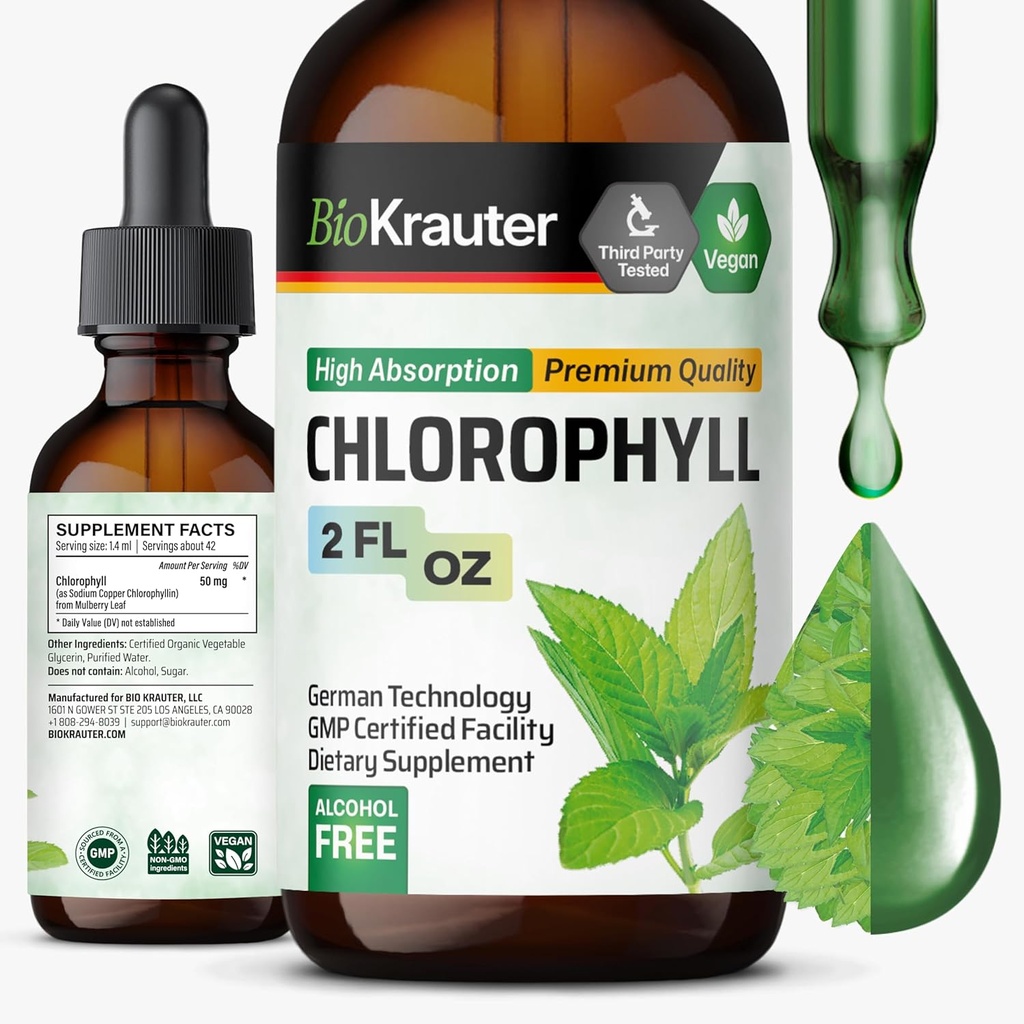 BIO KRAUTER Nestemäiset klorofyllit - Cleanse & Immuunituki - Sisäinen deodorantti - Natriumkupariklorofyllin uute täydennysosa - 2 fl oz