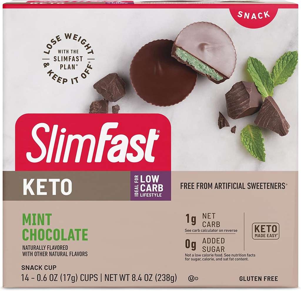 SlimFast Keto Fat Bomb Snack Cup, Mint Chocolate, Keto Snacks for Weight Loss, Low Carb med 0g Added Sugar, 14 Count Box (Packaging May Vary)