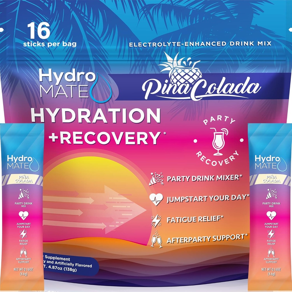 HydroMATE Elektrolyytit Powder Packets Ananas Hydration Accelerator Low Sugar Party Favors for Recovery Tropical Piña Colada 16 Sticks