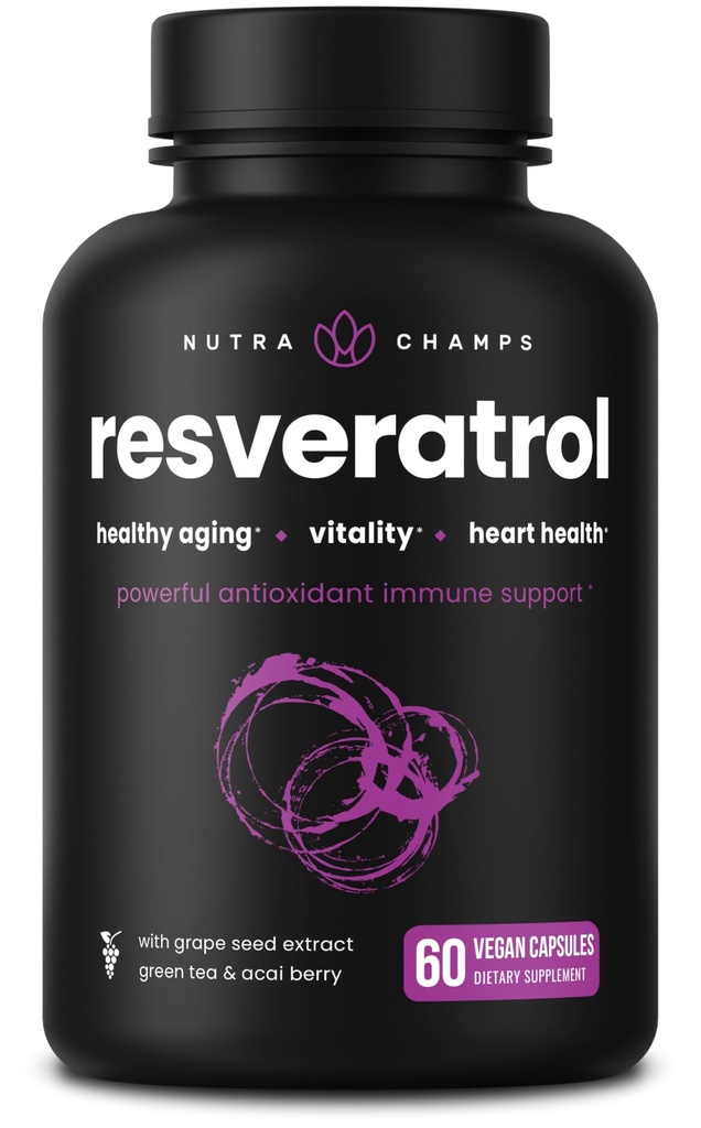 NutraChamps Resveratrol Supplement, Extra Strength Formula for Healthy Aging, Immune Support, 60 Vegan Capsules med Trans-Resveratrol, Green Tea Leaf, Acai Berry & Grape Seed Extract