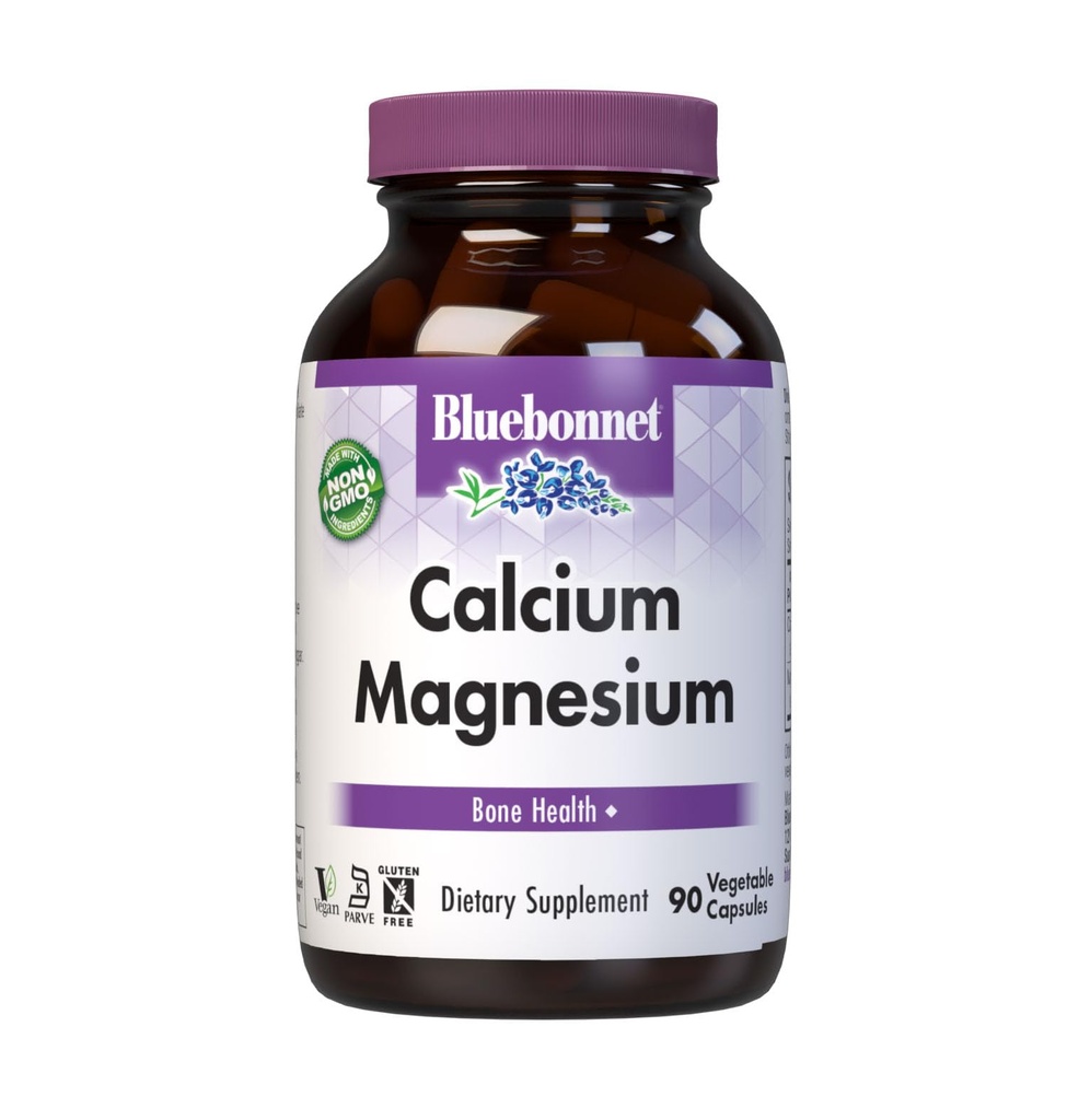 Bluebonnet Nutrition Kalsium & Magnesium, Luunterveys*, ei-muuntogeeniset organismit, vegan, Kosher Certified, Gluteeniton, soijaton, 90 kasvikapselia, 30 annosta