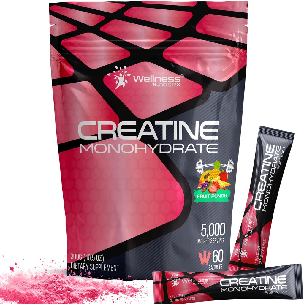 WELLNESS LABSRX Creatine Monohydraatti Powder - 5000mg, hedelmänchu Flavor - 60 Sachets - 300g