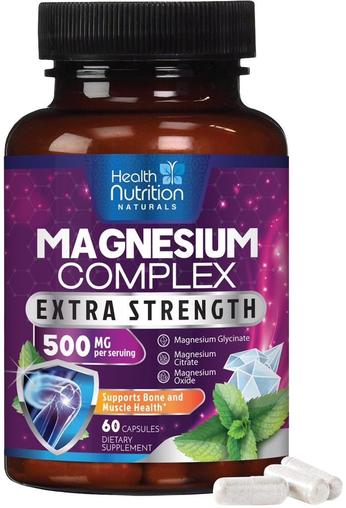 Magnesium Komplexa kapslar 500 mg med oxid, Glycinate, Malate, Citrate - Hög Absorption Komplex chelated Magnesium Mineral Supplements - för muskel, ben och hjärthälsa - 60 kapslar