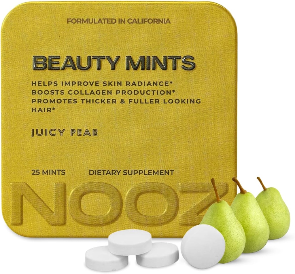NOOZ Kauneus Mints - Sokeriton Biotiini Mint hohtava iho, terveet hiukset ja vahvat kynnet - mehukas Päärynä makupala . Matkaystävällinen täydentää antioksidantteja, C-vitamiini, B6 & B12 .