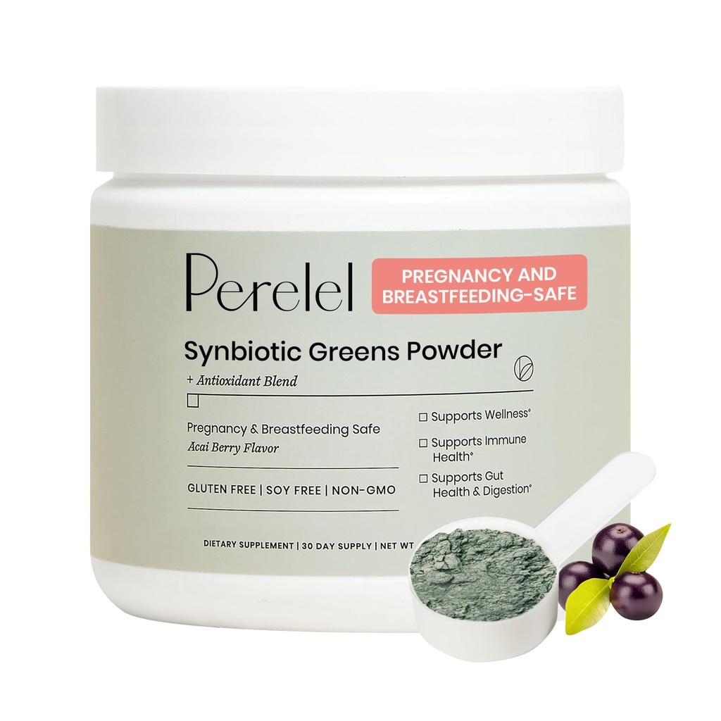 Perel Synbiootti Vihreät Powder, Superfood Blend with Fruits, Vihannekset, Probiootit, Kuitu, Spirulina & Chlorella, Daily Greens Supplement, Soy & Gluten Free, Non GMO, Acai Berry Flavor, 30 Tarjoilu