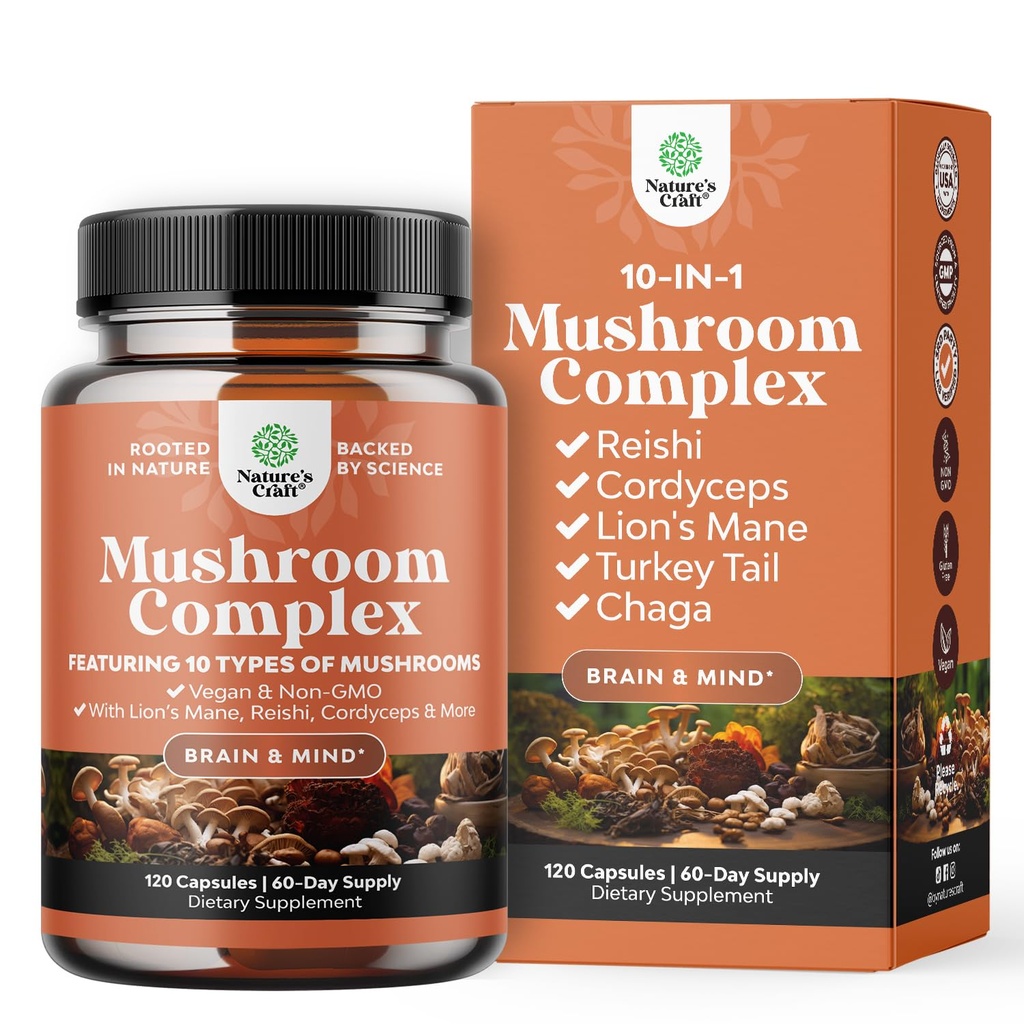 Advanced Mushroom Complex Capsules - 10X Lions Mane Supplement Kapselit Reishi, Chaga, Maitake & Shiitake Brain Health Memory Support & Focus - Nootropic for Mental Clarity - 120 Caps