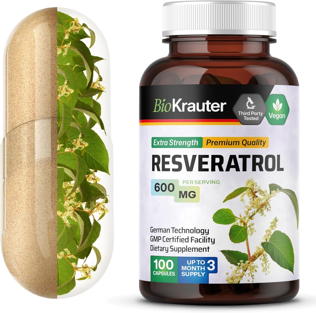 BIO KRAUTER Resveratrol Supplement Capsules 600 mg - 100 greve - naturlig antioxidantkälla - 98% Pure Trans Resveratrol Powder - Vegan