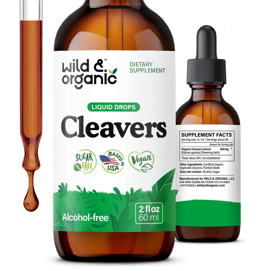 Wild & Organic Cleavers Tincture - Natural Detox Drops with Cleavers Leaf - Galium Apariini Herb Extract täydennysosa - Vegaani, sokeri & alkoholiton - 2 fl oz