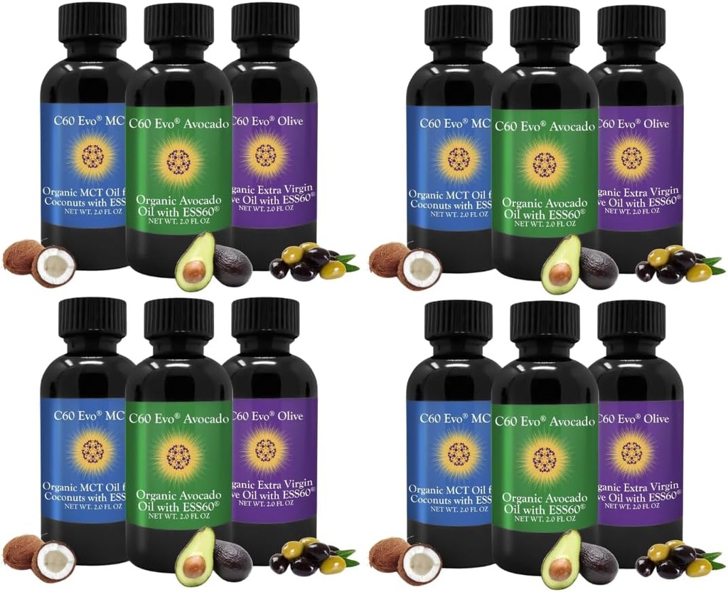 Kaikki luonnolliset syötävät öljyt, Mini Oil Sampler Set Pure C60 ESS60, Immuunituki ja yhteinen tuki täydentää Olive Oil, Avocado Oil & MCT Coconut Oil, Set of 12, 2 Oz Each