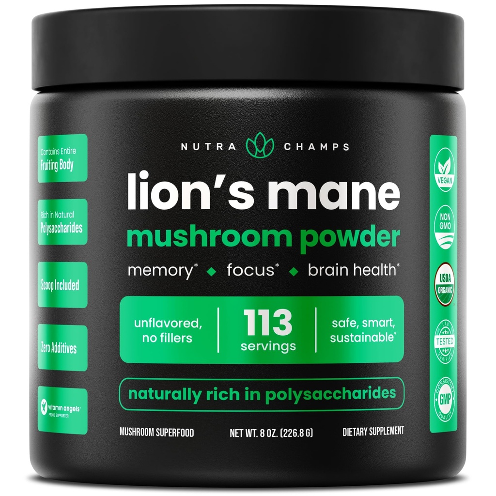 NutraChamps Organic Lions Mane Powder - 2000mg Tehokas Nootropic varten Muisti, Focus, Immuuni tuki - Vegan Lion... Mane Mushroom Powder täydennysosa luonnollisesti esiintyy Beta-Glucans - 8oz