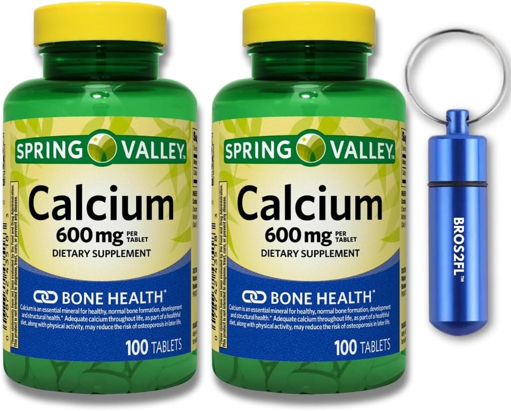 Calcium Bone Health Dietary Supplement Tablets, 600 mg, 100 Count (2-Pack) BROS2FL avainketju Vedenpitävä Kannettava Metal Pill Box (2 Items)