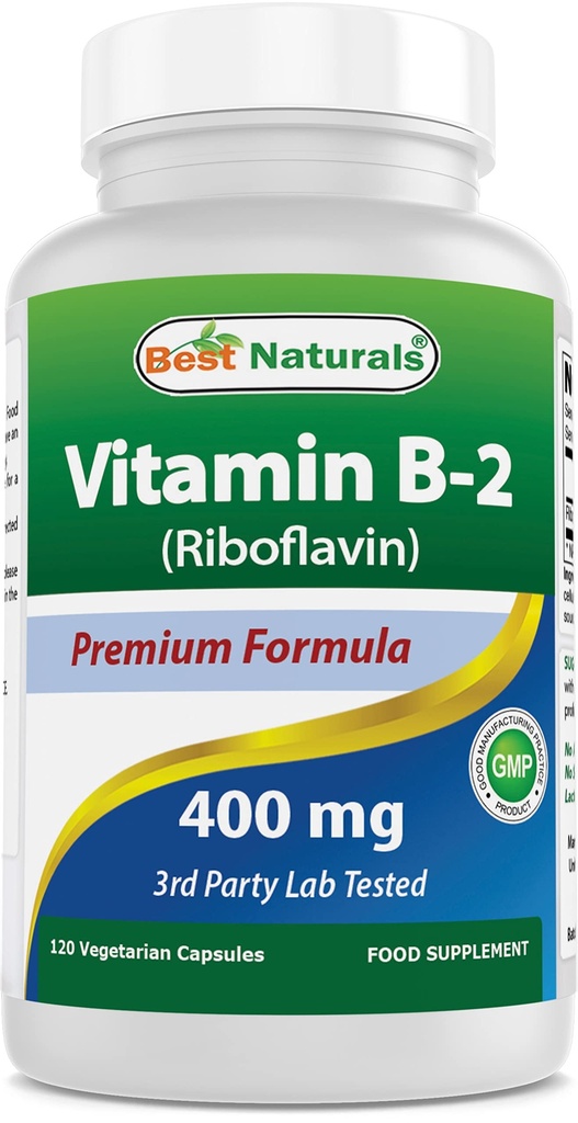 Bästa Naturals Vitamin B2 (Riboflavin) 400mg - Migraine Relief - Veggie Capsules - Conezyme Precursor - 120 Count