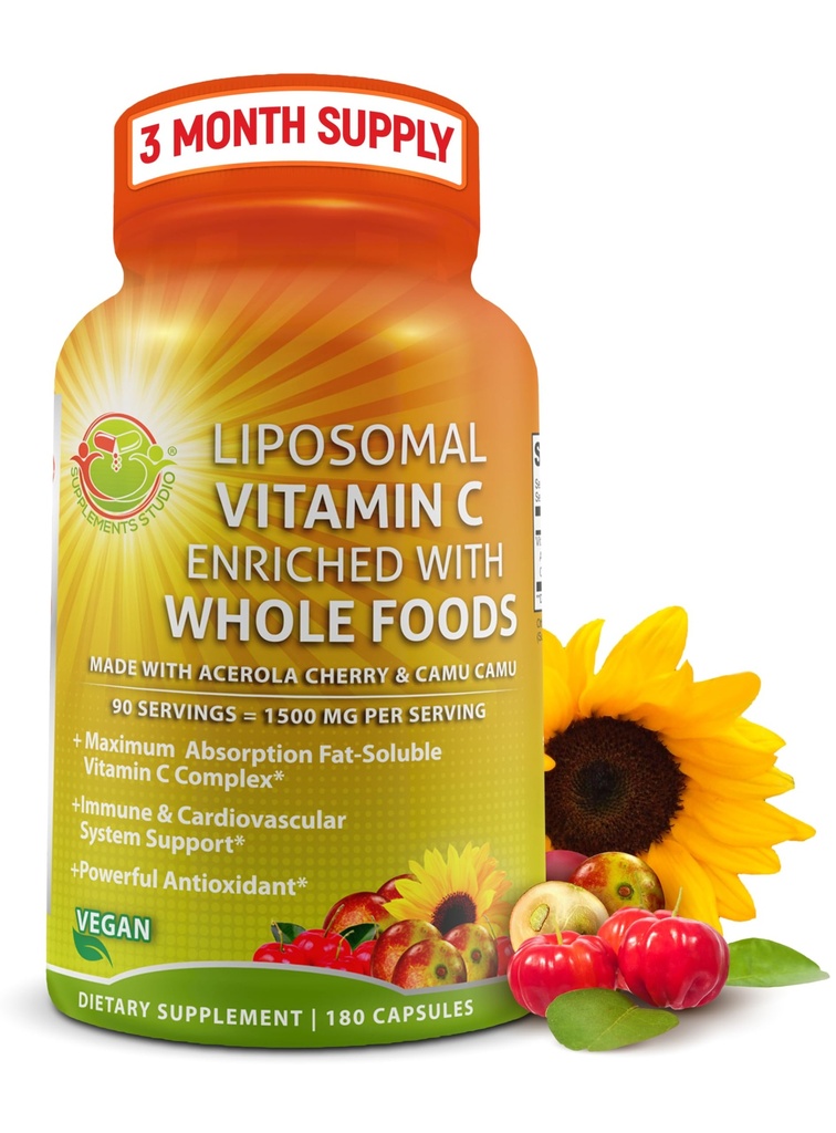 Liposomal Vitamin C Capsules - 1500mg - Tillverkad med Organic Acerola Cherries & Camu Camu, High Potency Vitamin C Liposomal - Immune Support Supplement, Förbättrad Absorption & Bioavailability - 180 Count