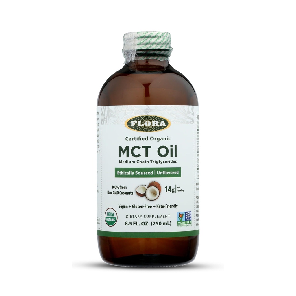 Flora - MCT Oil Certified Organic - Tukee lihasenergiaa ja aivojen terveyttä - sisältää C8 Caprylic Acid & C10 Capric Acid - ei-GMO, Gluteeniton, Vegaani & Keto-Friendly - 8.5 fl. oz. Lasipullo