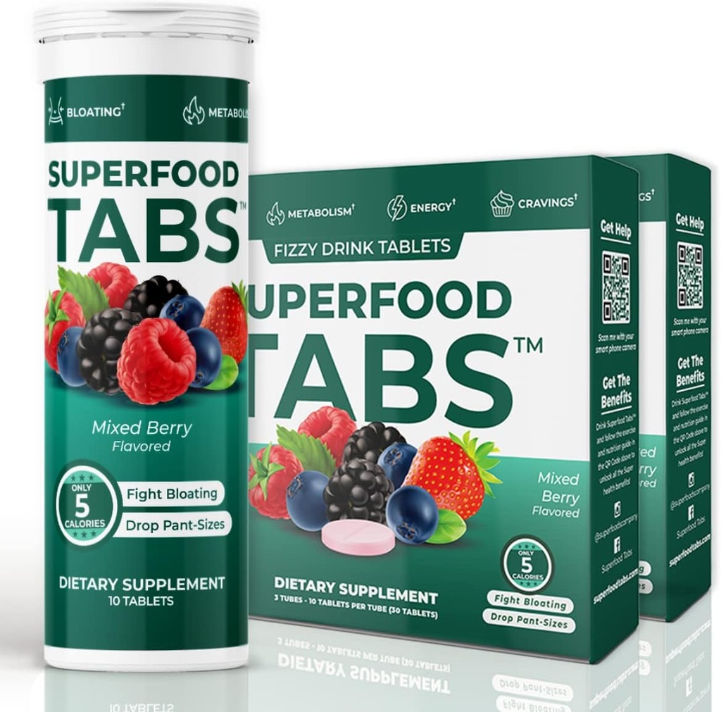Superfood Tabs Superfoods Company Detox Cleanse Drink - Nutrition Supplement for Women & Men - Tuki Terveellinen paino, Ruoansulatusterveys, Cravings & Bloating Relief - Mixed Berry Flavor [60 tablettia]