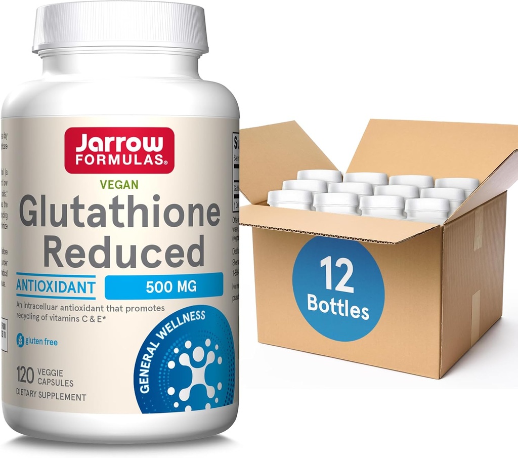 Jaarrow Formula Glutatione Alennettu 500 mg- 120 kasviskapselit- intrasellulaarinen antioksidantti-laatu Glutationi täydentää- tukee kierrätys vitamiinit C & E- ei-GMO- Gluteenittomat- Vegaani, 12 pakkausta