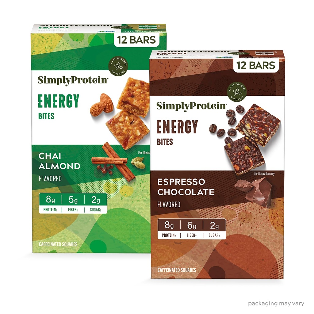 Yksinkertaisesti proteiini - Energy Bites Variety Pack, 24 baaria - Kasvipohjainen kofeinoitu neliöt - 55 mg kofeiini - energia Boost - 8g proteiinia, 2g sokeria, 5-6g kuitua, 120-130 kaloreja - Vegaani, gluteeniton,