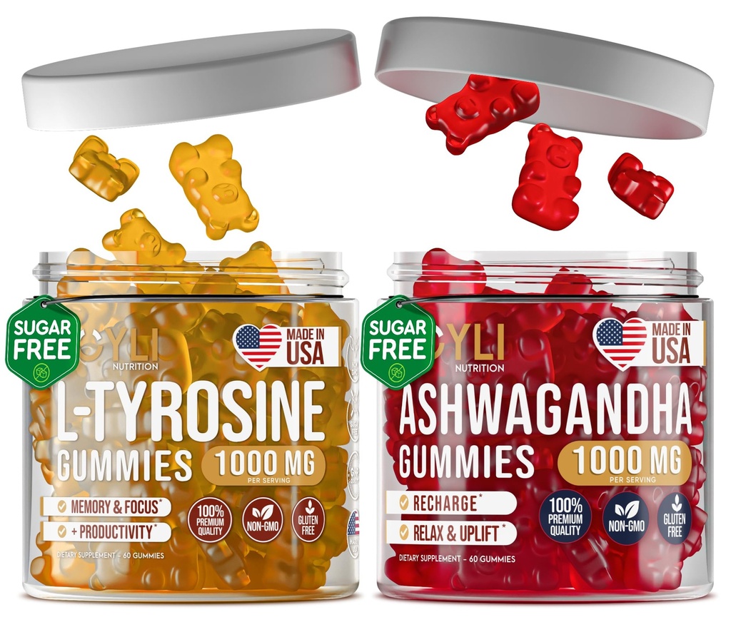 L-Tyrosine Gummies + Ashwagandha Gummies - L Tyrosine Supplement och Ashwagandha Supplements Bundle - Ashwaganda, L-Tyrosine för barn och vuxna - 60 Ashwa Gummies, 60 L-Tyrosine Focus Gummies